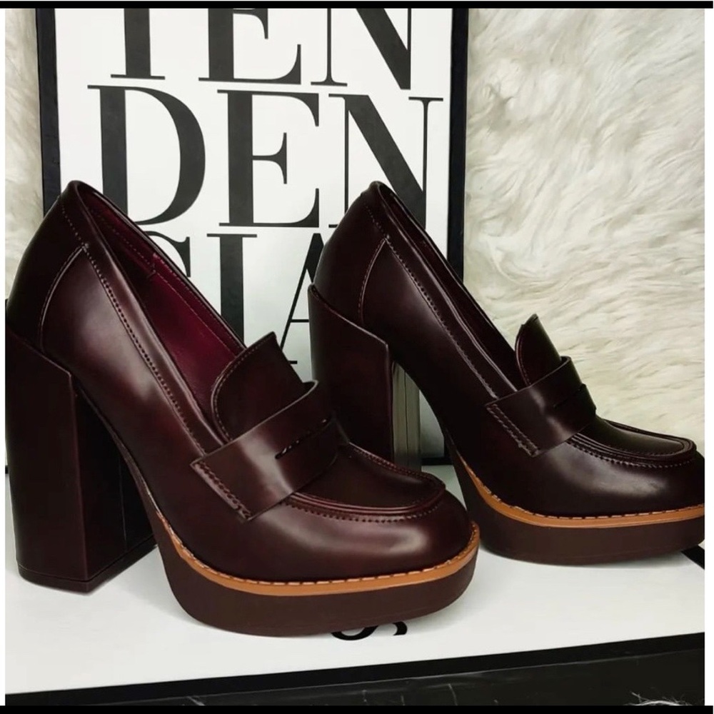 Burgundy Super Chunky Heel Penny Loafers